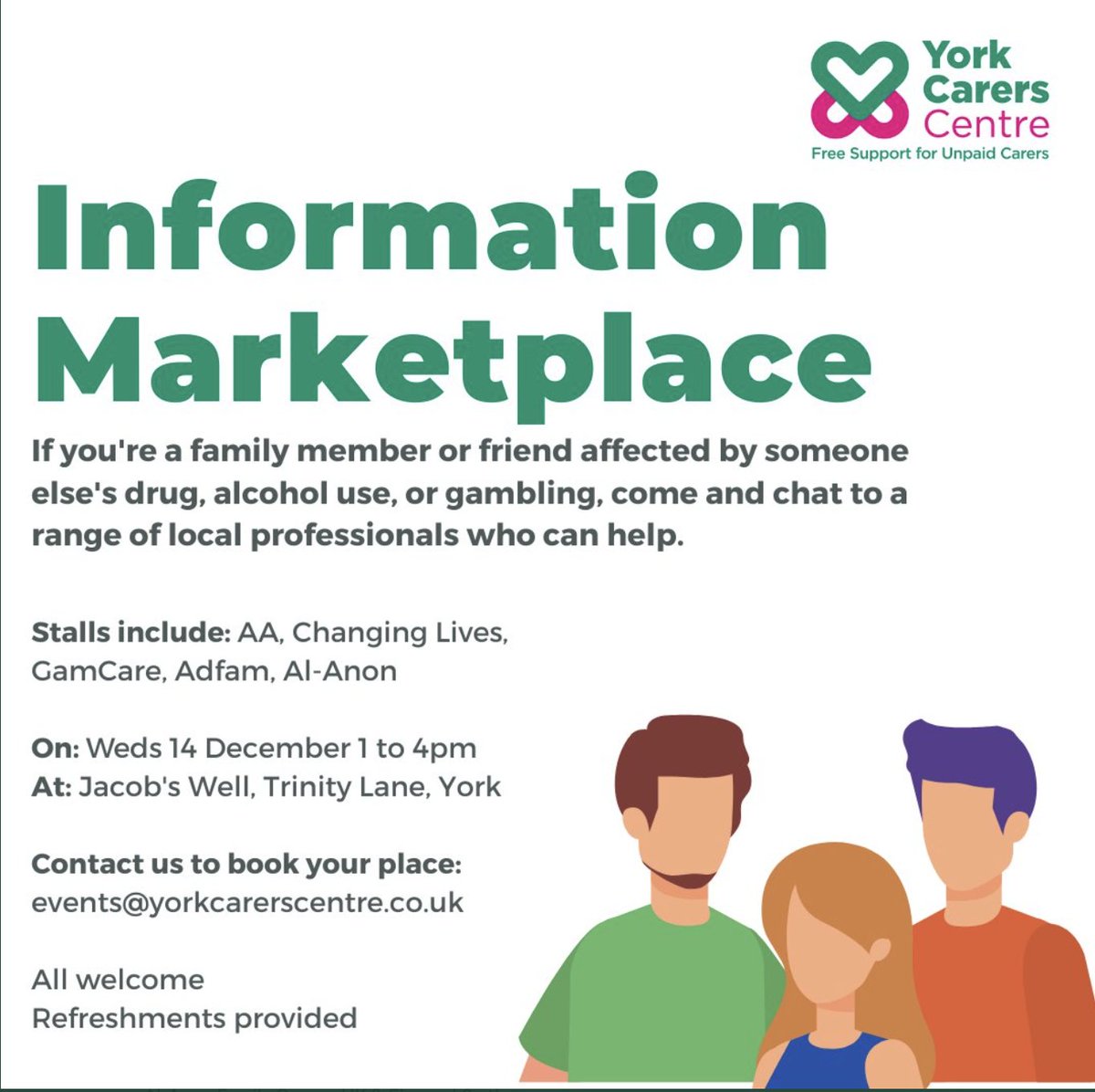 If you're a family member or friend affected by someone else's drug/alcohol use or gambling, it can be a struggle to get the information you need. 

Come and talk to local support in #York on Weds 14 Dec and get  the help you need.

Book via: events@yorkcarerscentre.co.uk