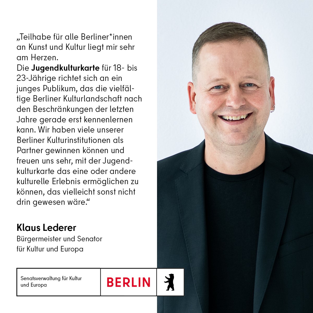 Senatsverwaltung für Kultur und Ges. Zusammenhalt (@senkultgz) on Twitter photo Die #Jugendkulturkarte kommt! Im Koalitionsvertrag festgehalten, mit <a href="/kulturprojekteb/">Kulturprojekte Berlin</a> entwickelt, von <a href="/klauslederer/">Klaus Lederer</a> und <a href="/mvduelmen/">Moritz van Dülmen</a> heute im Podewil vorgestellt: 50 Euro werden Berlinerinnen und Berliner zwischen 18 und 23 Jahren für Kultur bekommen. Die #Jugendkulturkarte kommt! Im Koalitionsvertrag festgehalten, mit <a href="/kulturprojekteb/">Kulturprojekte Berlin</a> entwickelt, von <a href="/klauslederer/">Klaus Lederer</a> und <a href="/mvduelmen/">Moritz van Dülmen</a> heute im Podewil vorgestellt: 50 Euro werden Berlinerinnen und Berliner zwischen 18 und 23 Jahren für Kultur bekommen.