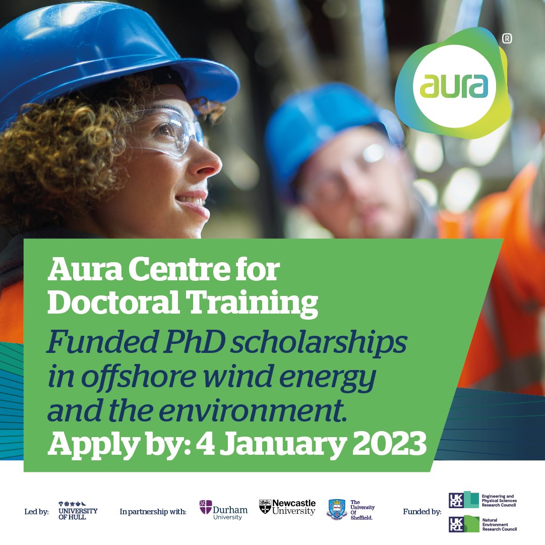 Our #AuraCDT funded PhD Scholarships in #offshorewind energy and the environment are open to applicants until 4 January 2023. Over 20 research projects, meeting industry challenges and helping create a sustainable future for #greenenergy.
Find out more: auracdt.hull.ac.uk/research-proje…