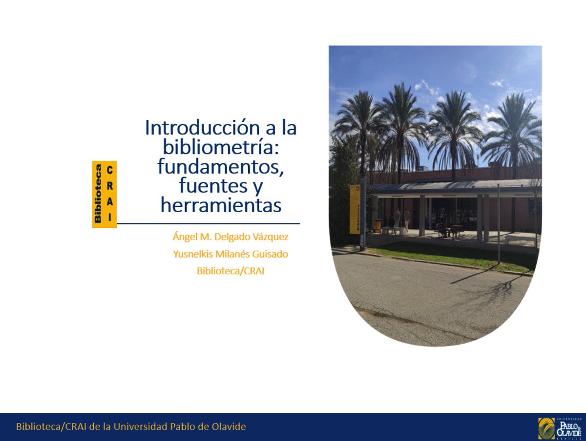 bibupo's tweet photo. Hoy, 12:00 h, 1.ª sesión del curso #BibUpo: "Introducción a la Bibliometría como método de investigación". 

@amdelvaz y @Milanes_guisado irán tratando:
-las fuentes de datos y su uso,
-las herramientas para visualizar y mapear campos científicos,
-casos (estudio).
#UPOinvestiga https://t.co/zYpgn6lzW3