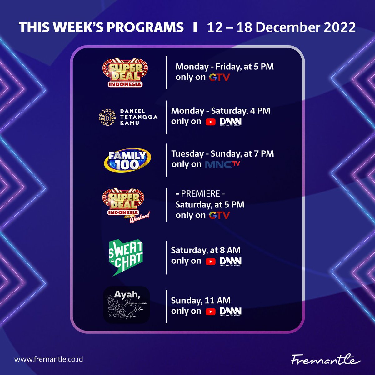 Fremantle Indonesia (@fremantle_id) on Twitter photo Setiap harinya banyak program seru dari #FremantleID yang bisa kalian tonton lho! Mulai dari <a href="/SuperDeal_ID/">SuperDeal_ID</a> , <a href="/Family100ID_/">Family 100</a> & #danielmanantanetwork 🥳
#SuperdealID #SuperDealOnTheWeekend #SweatAndChat #AyahBagaimanaBilaAku #DanielTetanggaKamu Setiap harinya banyak program seru dari #FremantleID yang bisa kalian tonton lho! Mulai dari <a href="/SuperDeal_ID/">SuperDeal_ID</a> , <a href="/Family100ID_/">Family 100</a> & #danielmanantanetwork 🥳
#SuperdealID #SuperDealOnTheWeekend #SweatAndChat #AyahBagaimanaBilaAku #DanielTetanggaKamu