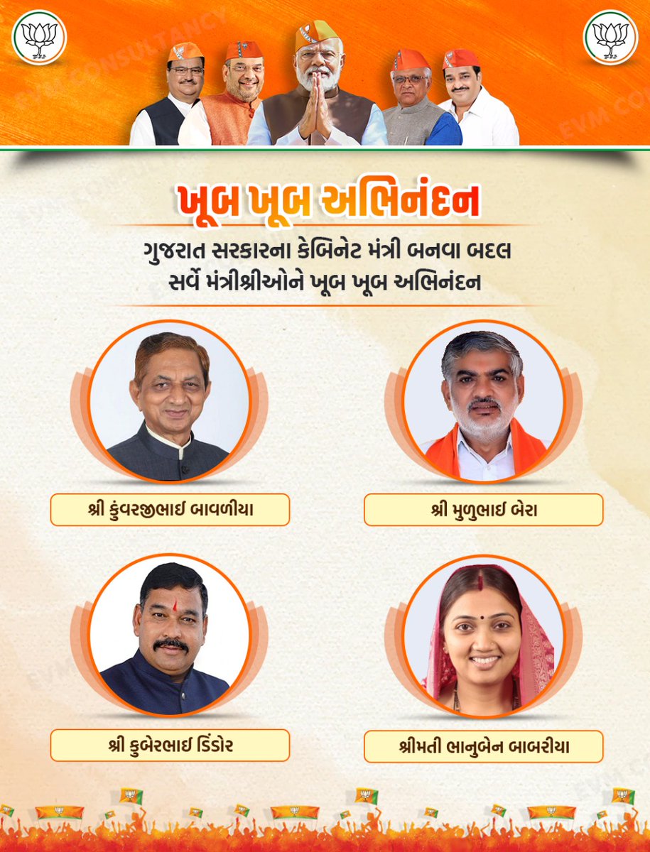 ગુજરાત સરકારના તમામ નવનિયુક્ત કેબિનેટ મંત્રીશ્રીઓને હાર્દિક અભિનંદન સાથે શુભેચ્છાઓ પાઠવું છું. 

ગતિશીલ ગુજરાતના વિકાસમાં આપ આપનું અમૂલ્ય યોગદાન આપી ‘સૌનો સાથ, સૌનો વિકાસ’ના મંત્રને ચરિતાર્થ કરશો એવો દ્રઢ વિશ્વાસ છે.