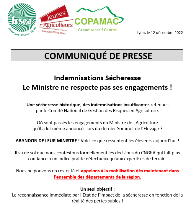 Les engagements de <a href="/MFesneau/">Marc Fesneau</a>  ne sont pas tenus ! 
La sécheresse n'a pas été reconnue par le CNGRA <a href="/Agri_Gouv/">Ministère Agriculture et Souveraineté alimentaire</a>  à son juste niveau ! L'expertise terrain a été balayée ! Nous ne pouvons cautionner ces décisions et nous appelons le réseau à réagir !!