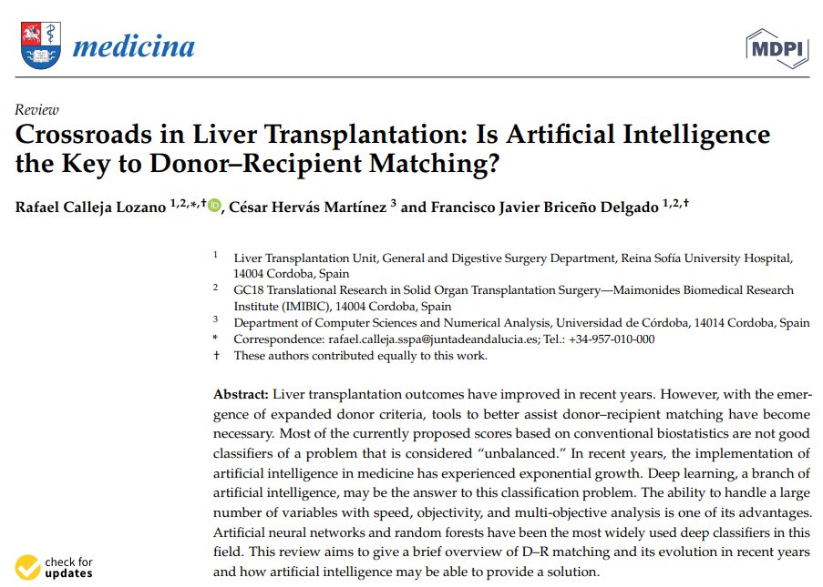 NicholasGilbo's tweet image. #AI  may provide a solution to the unbalanced problem of D-R matching in #LiverTransplantation through different classifiers, such as #artificial_neural_networks or random forests. Read more in this review published in the SI @MdpiMedicina 
🔗mdpi.com/1648-9144/58/1…