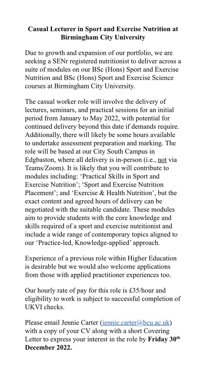 Matt Cole | PhD (@mcolenutrition) on Twitter photo ๐จ๐จ๐จJob Alert ๐จ๐จ๐จ
Part-time Hourly Paid Lecturer Role
Weโre looking for a <a href="/SENregister/">SENR</a> <a href="/BDA_SNG/">BDA Sports Nutrition Group</a> nutritionists to contribute across our <a href="/BCU_SportNut/">BCU Sport Nutrition</a> & <a href="/BCUSportExSci/">BCU Sport & Exercise Science</a> courses. Flexibility to work around your existing role.
Details ๐
DM/email for more info ๐ ๐จ๐จ๐จJob Alert ๐จ๐จ๐จ
Part-time Hourly Paid Lecturer Role
Weโre looking for a <a href="/SENregister/">SENR</a> <a href="/BDA_SNG/">BDA Sports Nutrition Group</a> nutritionists to contribute across our <a href="/BCU_SportNut/">BCU Sport Nutrition</a> & <a href="/BCUSportExSci/">BCU Sport & Exercise Science</a> courses. Flexibility to work around your existing role.
Details ๐
DM/email for more info ๐