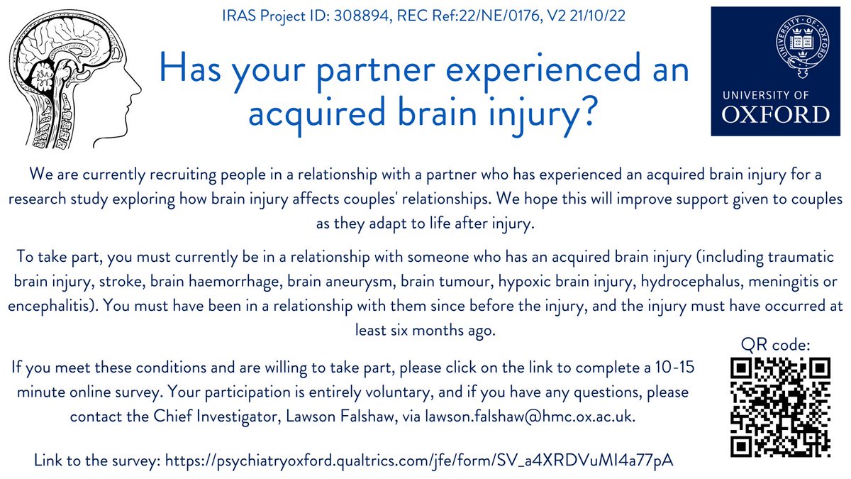 ❗️Research alert❗️

If you are in a relationship with someone with an acquired brain injury and have 10-15 minutes, please consider participating in our study exploring couple’s relationships after brain injury.

psychiatryoxford.qualtrics.com/jfe/form/SV_a4…

Please Retweet!