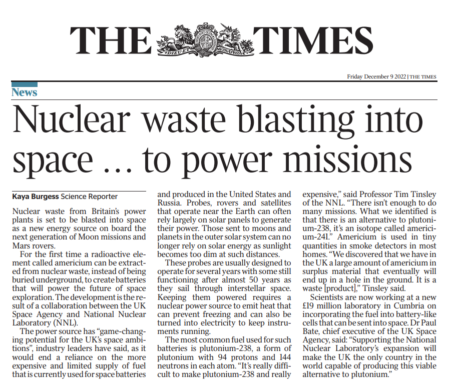 UKNNL's tweet photo. Read more about our collaboration with @spacegovuk on the world's first space battery powered by British fuel, Americium-241 in The Times. #NuclearSciencetoBenefitSociety https://t.co/hmVwMdEYCB