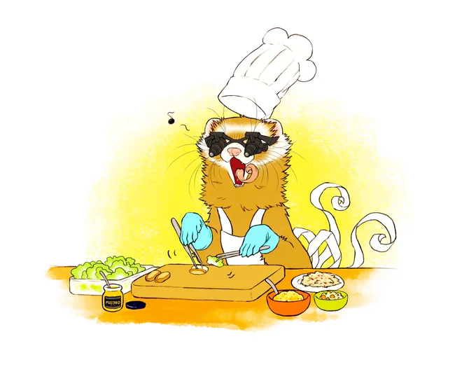 Making baguette sandwiches for triplets weasel baby. 
