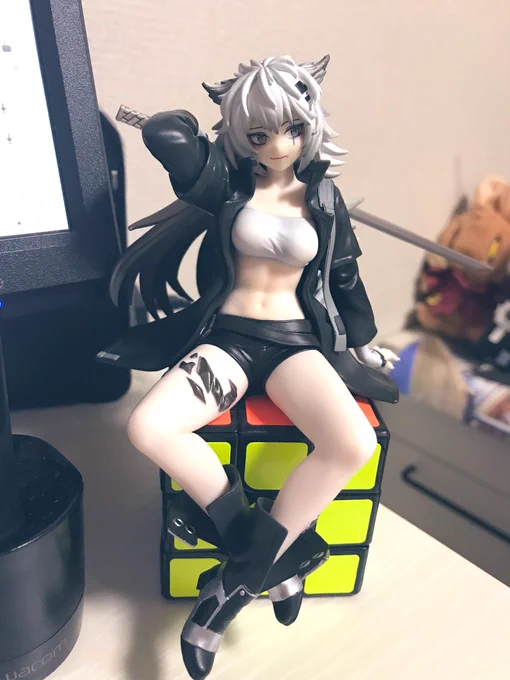 ラップランドのヌードルストッパー届いてましたポーズがめちゃくちゃ良い!作業スペースのルービックキューブの上でお座りしてます 