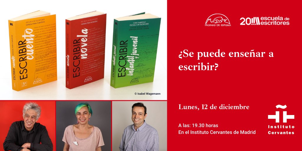 Mariana Torres (@marianatorresbr) on Twitter photo Esta tarde a las 19.30 estaremos en el Instituto Cervantes de Madrid para charlar de escritura, cuento, novela y LIJ, en torno a los tres primeros manuales de la colección "Escribir" que <a href="/deescritores/">EscuelaDeEscritores</a> edita junto a <a href="/paginasdeespuma/">Editorial Páginas de Espuma</a>. ¡Venid! También se retransmite en directo. Esta tarde a las 19.30 estaremos en el Instituto Cervantes de Madrid para charlar de escritura, cuento, novela y LIJ, en torno a los tres primeros manuales de la colección "Escribir" que <a href="/deescritores/">EscuelaDeEscritores</a> edita junto a <a href="/paginasdeespuma/">Editorial Páginas de Espuma</a>. ¡Venid! También se retransmite en directo.