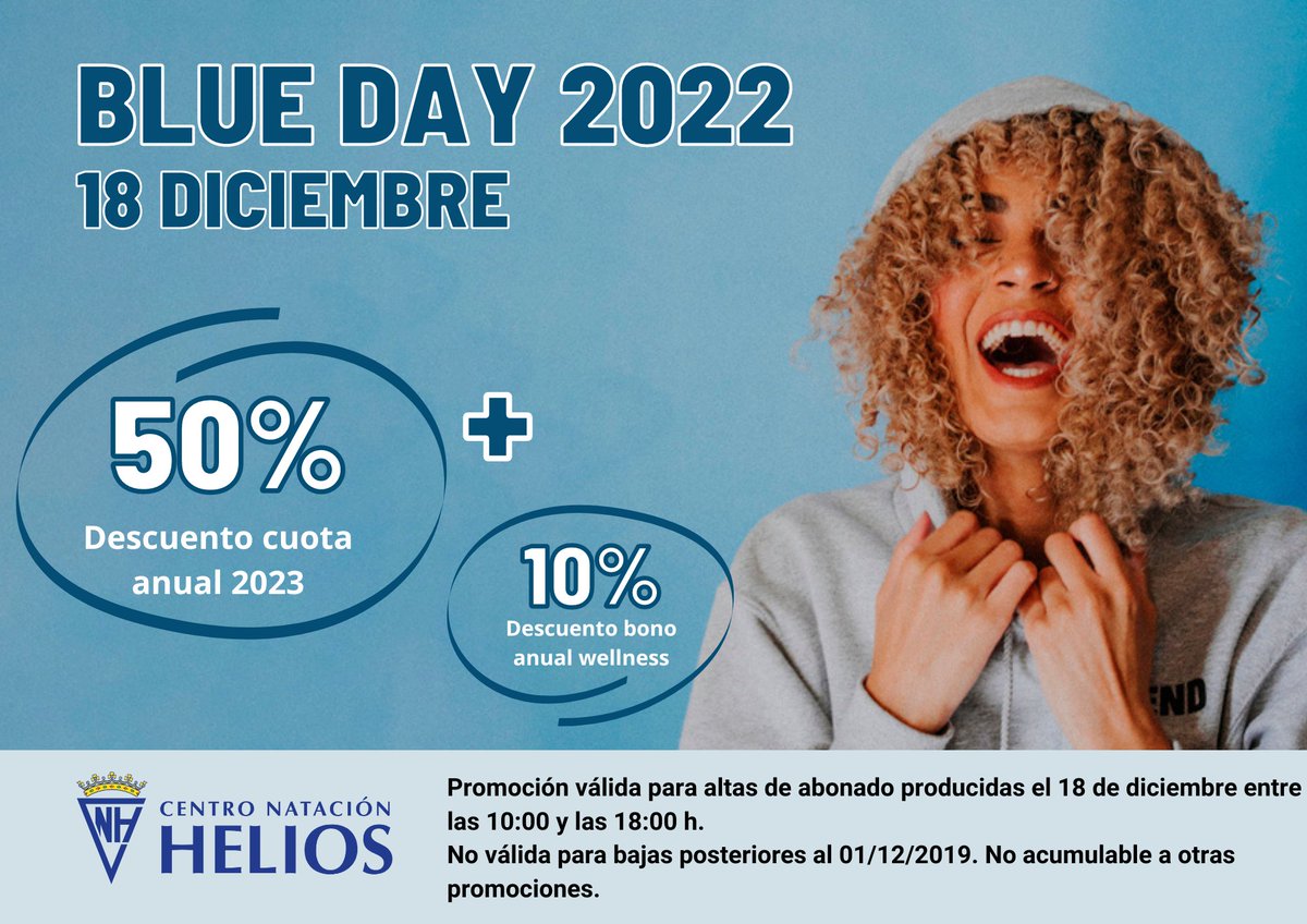 BLUE DAY
💙¡Vuelve el blue day el próximo domingo 18 de diciembre! 
👉Date de alta como abonado para el próximo 2023, de 10:00 a 18:00h (presencial y web) y tendrás un 50% de descuento en tu cuota anual y un 10% en la cuota del Club Wellness.
📸Info: cnhelios.com/hazte-abonado