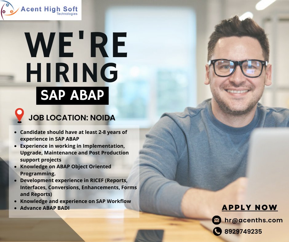AcentSoft's tweet photo. Urgent hiring for SAP ABAP
#joblocation : #noida
Interested candidate can share their CV at hr@acenths.com or 8929749235

Find on Linkedln
https://t.co/PfSpGyV9ww

Find on Instagram
https://t.co/ucHnsqnYNM

Find on Facebook
https://t.co/1nA9HvLTxe

#hiring #hr #cv #sap #share https://t.co/8SkIE5SaG8