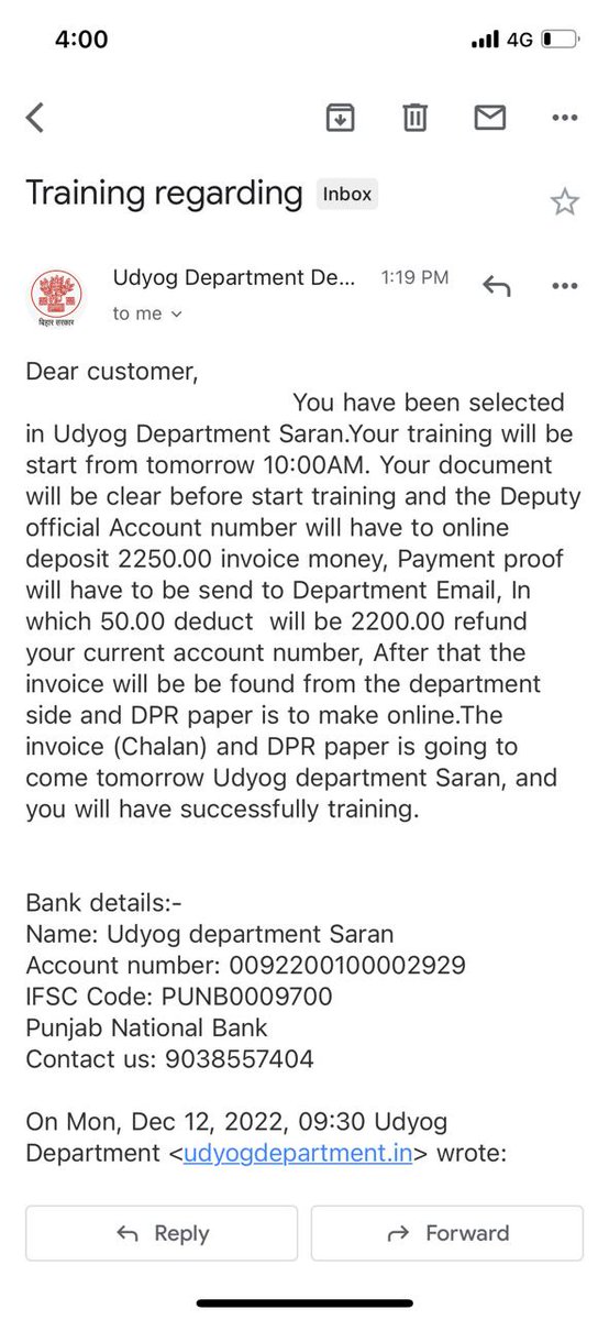 BINAYKR85's tweet photo. @SandeepPoundrik Dear Sir,

I just receive a mail from fraudster with below text.
I identify it by mail id because i am IT professional but many people can fall in their trap.
Please do Action against them.
Thanks https://t.co/KoobJwx4HY