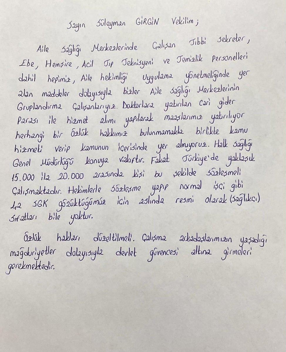 Aile Sağlığı Merkezi çalışanlarından mektup var.”Doktorlara yatırılan cari gider parası ile hizmet alımı yapılarak maaşlarımız yatırılıyor herhangi bir özlük hakkımız yok.Kamu hizmeti verip kamunun içerisinde yer almıyoruz.
<a href="/csgbakanligi/">T.C. Çalışma ve Sosyal Güvenlik Bakanlığı</a> 
<a href="/saglikbakanligi/">T.C. Sağlık Bakanlığı</a> 

#AsmGrupElemanınaKadro