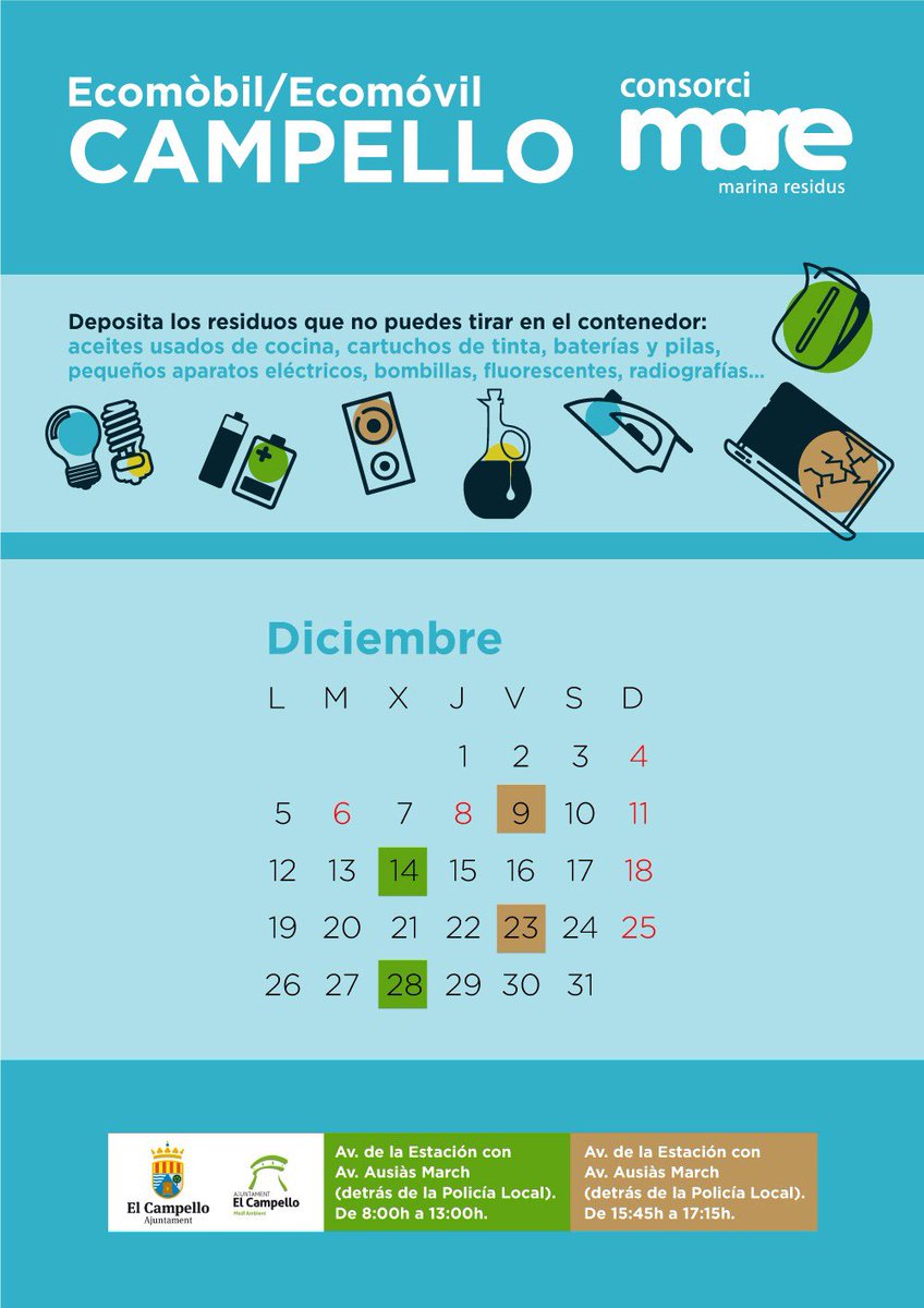 🚛♻ Cada miércoles y viernes en semanas alternas, tenéis a vuestra disposición el ecomóvil en Avenida de la Estación con Ausiàs March

⏰ Miércoles de 8:00 a 13:00h y viernes de 15:45 a 17:15h
