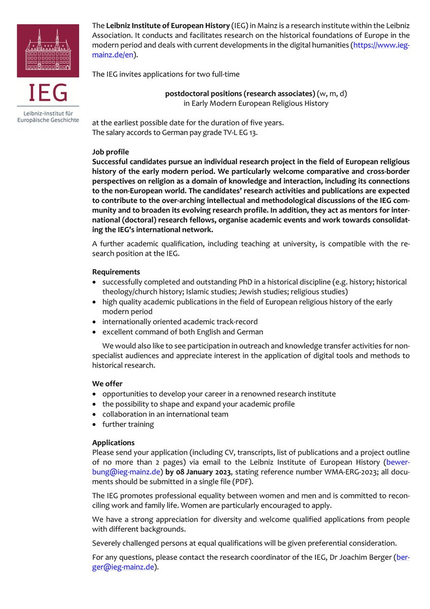 #CFA: The IEG invites applications for two full-time postdoctoral positions/ research associates in Early Modern European Religious History!
Deadline: 08/01/23