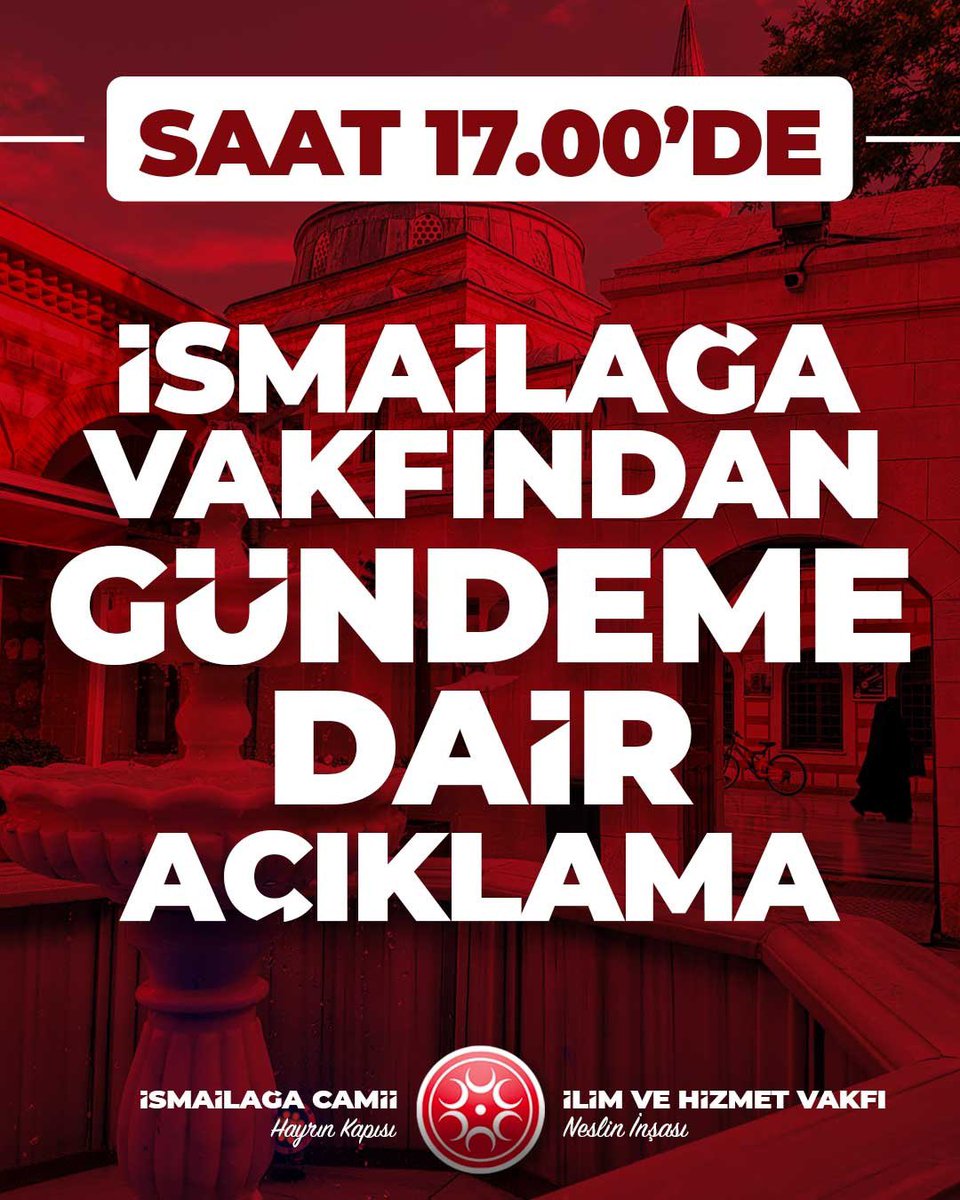 #İsmailağadanAçıklama

İsmailağa Camii İlim ve Hizmet Vakfı, kamuoyunu meşgul eden iddialara cevap veriyor. Saat 17.00'de resmi sosyal medya hesaplarımızda.