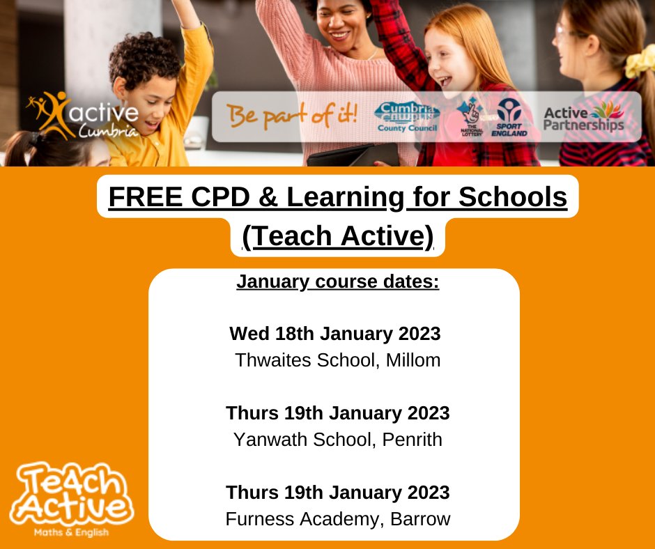 FREE Teacher CPD Available – Teach Active | January 2023 

To find out more information or to book, please visit our PE Subject Leadership and CPD page: bit.ly/3uIJUj9 or view our leaflet here: bit.ly/3VPuiq5

#TeacherCPDCourses