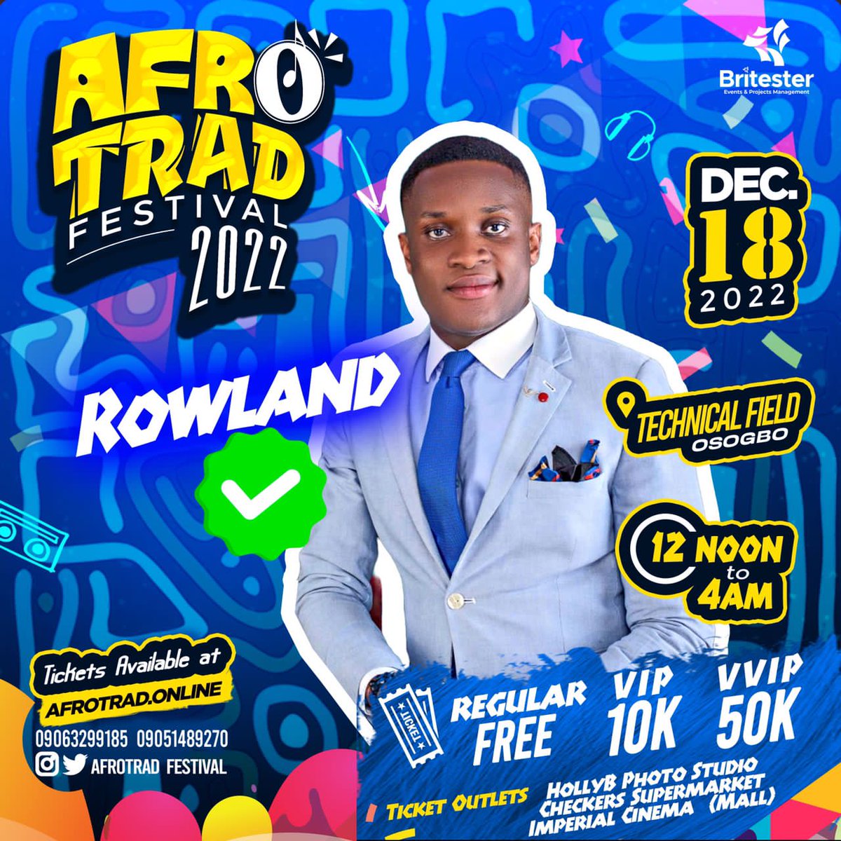 _Afrotradfest's tweet photo. @oluwafemiRowla1 Performing Live at AFROTRAD FESTIVAL @afrotrad_fest 2022💙 #DEC18 #TECHNICALFIELD #12pmto4am
#afrotrad #afrotradfestival #afrotradfestival2022 https://t.co/oE9ZV6Jg0z
