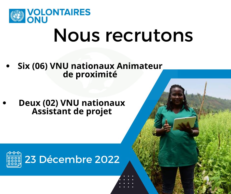 📢📢📢Le PNUD Bénin recrute 08 VNU nationaux

- Animateur de proximité de projet (06 postes):tinyurl.com/4245vppr

- Assistant de projet (02 postes): tinyurl.com/337wd67x