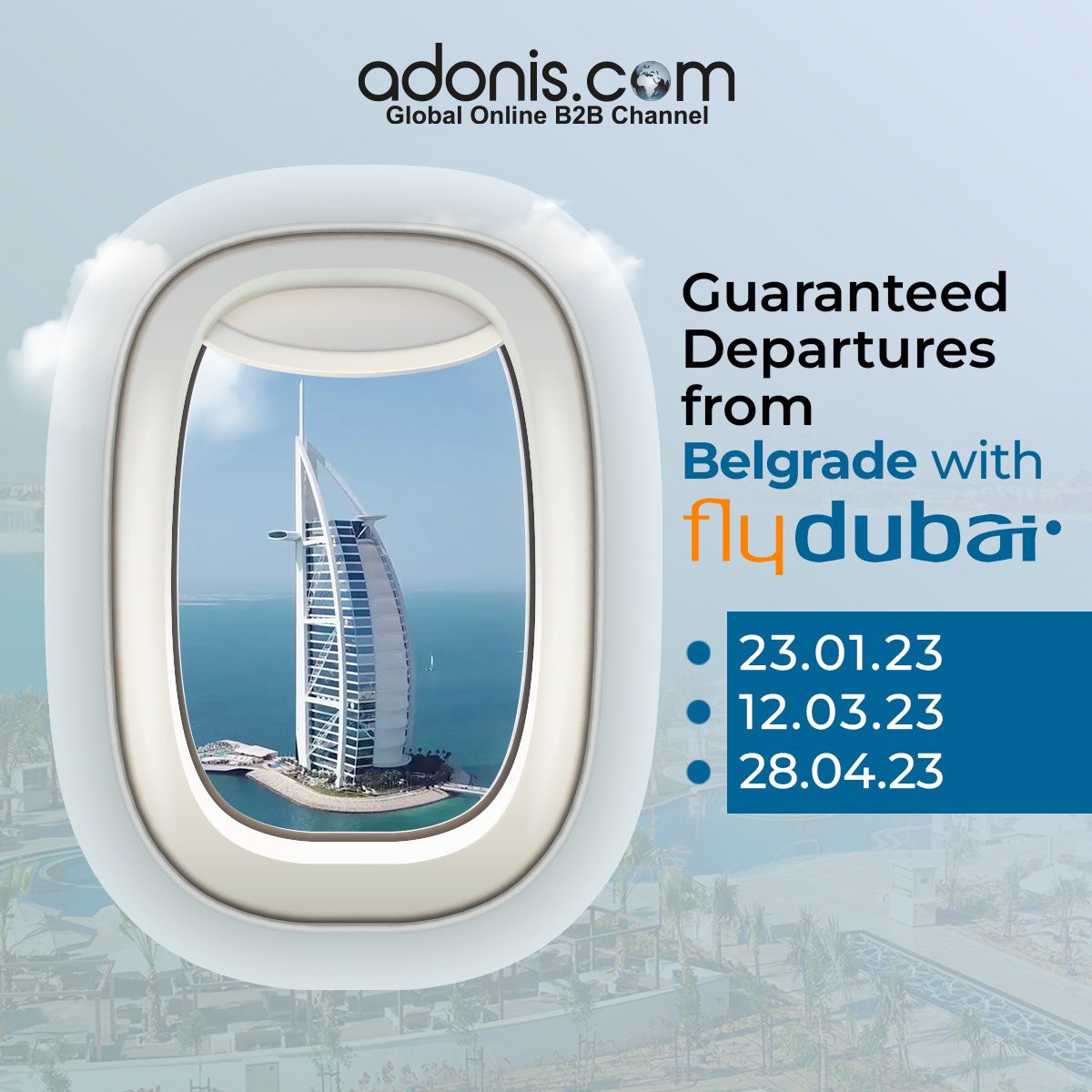 adoniscomtr's tweet photo. Guaranteed departures from Belgrade with Flydubai
23.01.23
12.03.23
28.04.23
Super promo rates (free city tour &amp; agency commissions included)
https://t.co/VCQn94Uvhc

For more information
sales@adonis.com

#flydubai #airline #airlines #dubaiairport #b2btourism #b2bsales https://t.co/Q4d13rBt7K