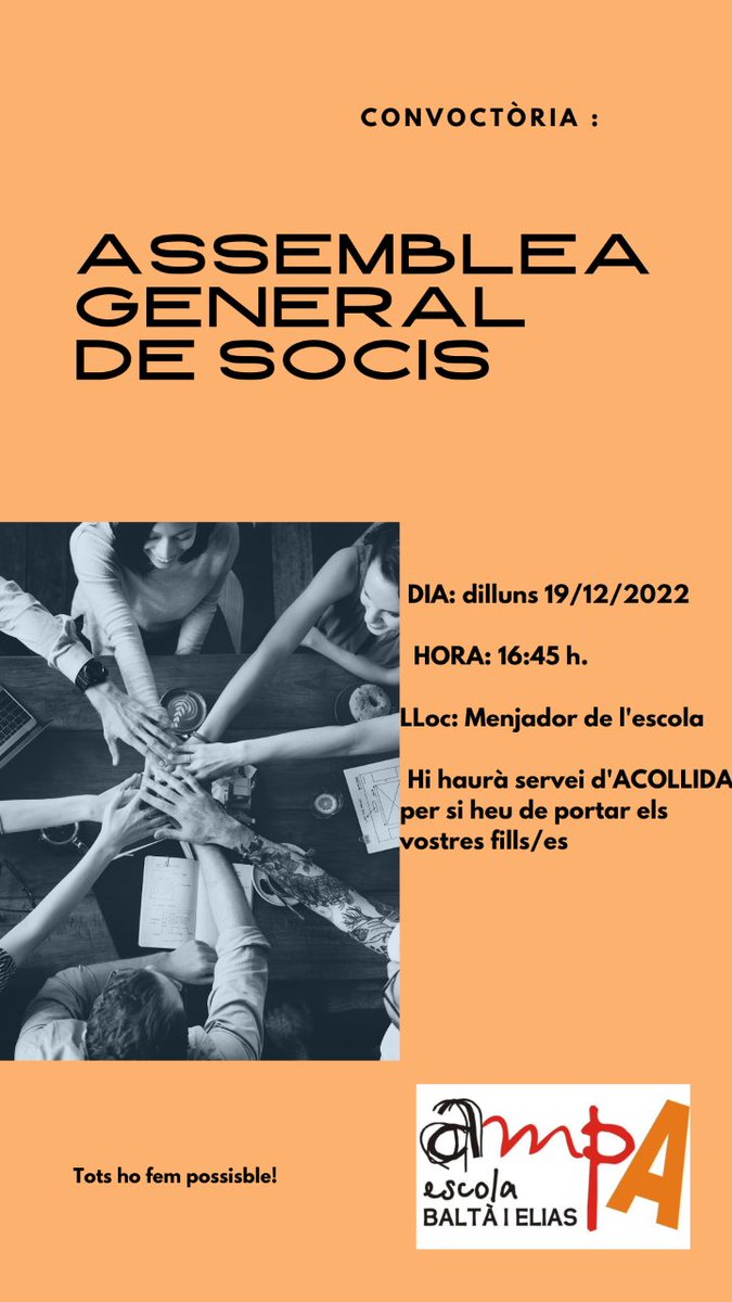 Bon dia famílies 👋,
Properament tindrà lloc l'ASSEMBLEA GENERAL DE SOCIS de l' AMPA on es tractaran temes que son del vostre interès! 
📅 DIA: dilluns 19/12/2022

🕰 HORA: 16:45 h.

👫Hi haurà servei d'ACOLLIDA per els petits

Podeu trobar la info al nostre web.
Us hi esperem!