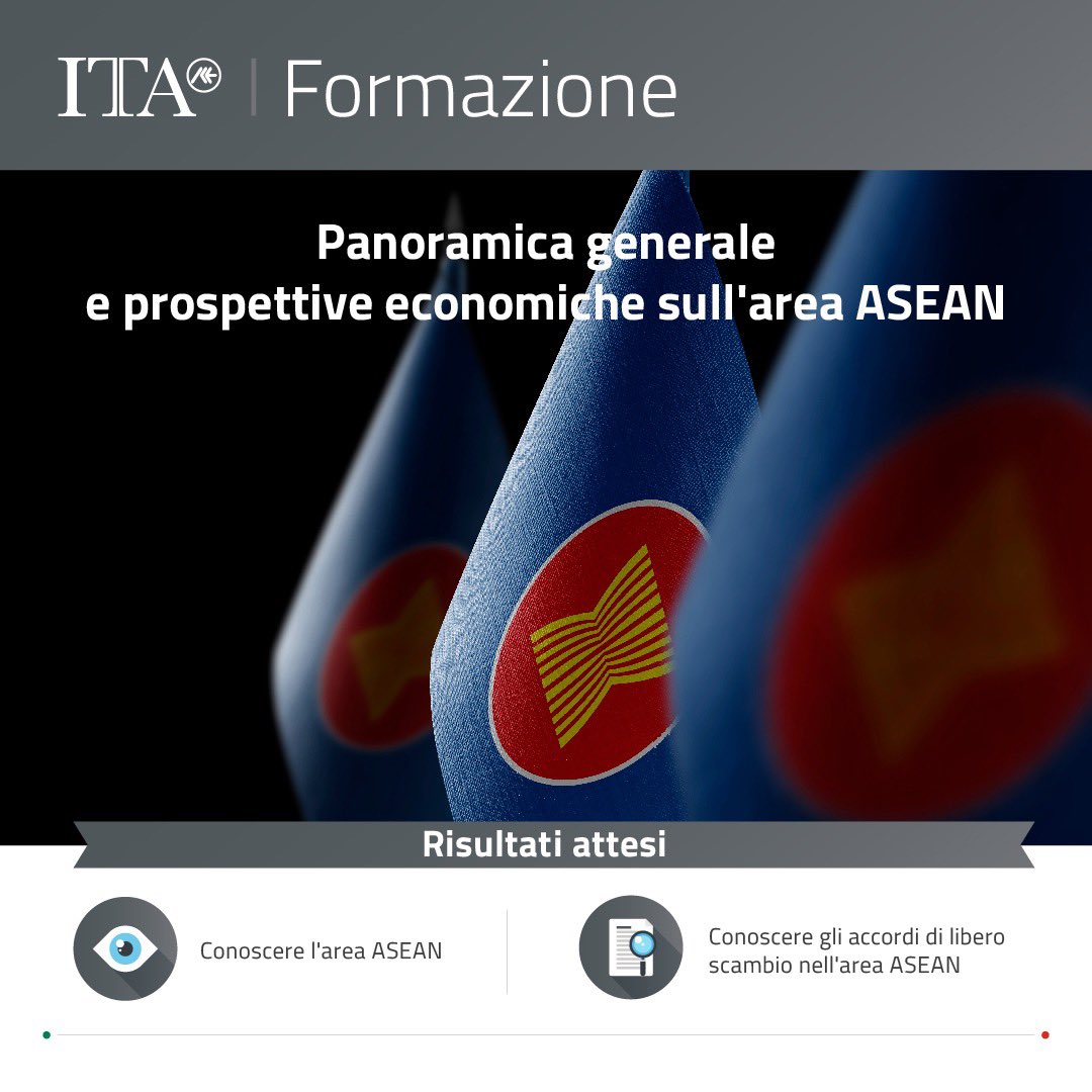 Nel 21 l'#export 🇮🇹 in #ASEAN ha quasi raggiunto gli 8 milioni +9% vs 20. Scopri tutte le opportunità per la tua azienda seguendo il webinar #Train2Markets di #ICE ➡Panoramica generale e prospettive economiche sull'area ASEAN. Focus su🇲🇨🇸🇬🇻🇳. 
Accedi🔗bit.ly/3uFIC8H