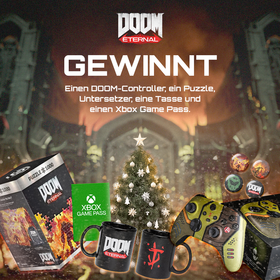 Diese Woche habt ihr die Möglichkeit, ein tolles DOOM-Paket zu gewinnen und <a href="/XboxDACH/">Xbox DACH</a> legt noch drei Monate Game Pass obendrauf! Alles, was ihr tun müsst, ist diesen Beitrag zu teilen und uns zu folgen. 🎄 🎁 
Die Teilnahmebedingungen findet ihr hier: beth.games/3iXKdDV