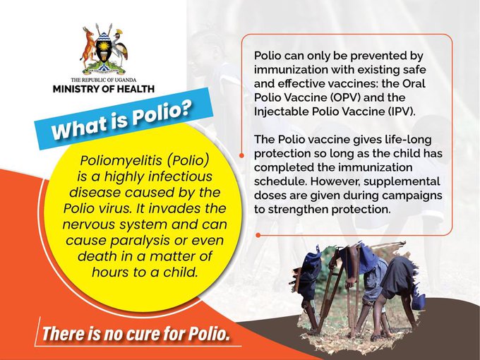 beewol's tweet photo. Polio is an extremely infectious disease that can only be prevented with the Oral Polio Vaccine (OPV) and the Injectible Polio Vaccine (IPV).
There is no cure for Polio!
#NVIntroductionUG
#VaccinesWork
#PolioVaccineUG https://t.co/jYcOUrPJ6g