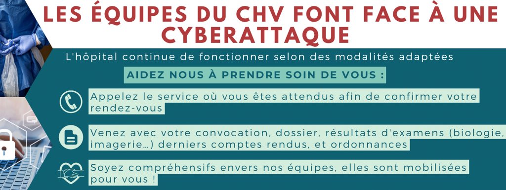 Le <a href="/CH_Versailles/">Centre hospitalier de Versailles</a> continue de fonctionner malgré la CyberAttaque selon des modalités adaptées 👇🏼👇🏼👇🏼