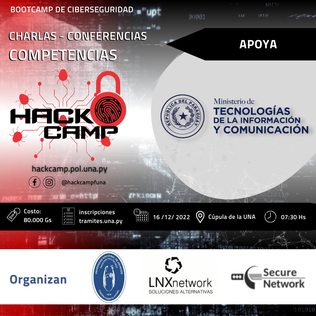Miticpy's tweet photo. #HACKCAMP | La @fpuna y LNX Network organizan un Bootcamp de Ciberseguridad, ¡y te invitamos a participar!
👉🏾 Dirigida a estudiantes universitarios y a profesionales del área TI y Ciberseguridad
🗓️ 16/DIC | 07:30 H
📍 Centro de Convenciones de la UNA
🔗 https://t.co/oUuo3TLlGB https://t.co/pbTCzNA71d