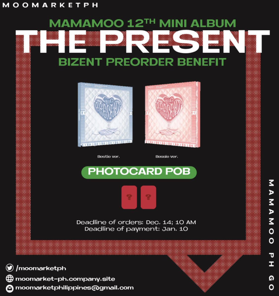 MOONBYUL THE PRESENT ALBUM]
[PH GO]

✨Photocard POB

Preorder Period: ~DEC 14, 10 AM
Deadline of Payment: JAN 10

🛒: moomarket-ph.company.site/BIZENT-MOON-BY…

For other THE PRESENT preorder batches: moomarket-ph.company.site/THE-PRESENT-c1…

#moomarketPH
#freebies