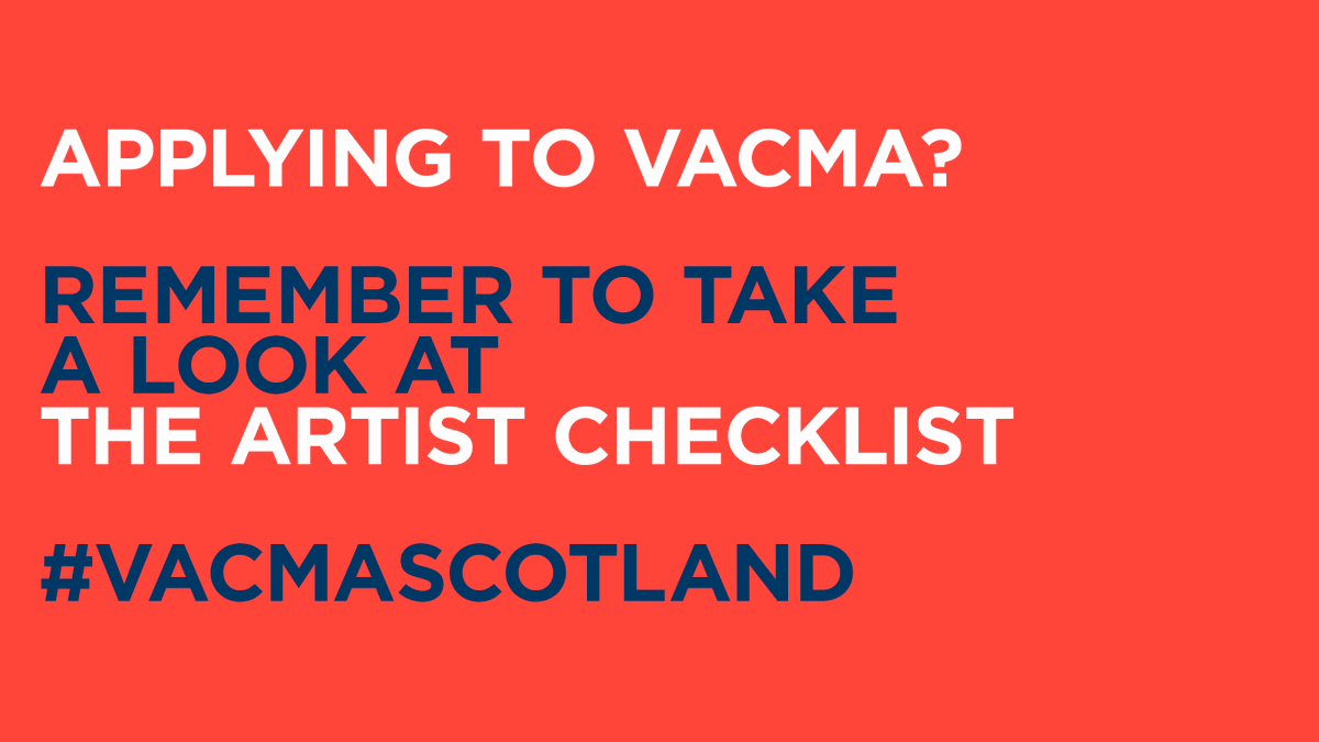 *VACMA Deadline 1 Week Today*
ENSURE YOUR PROPOSAL IS ACHIEVABLE.
ASK A FRIEND to check your application – is it clear what support you’re looking for? 
CHECK THE DEADLINE of your local scheme
bit.ly/2U6lD27
<a href="/CreativeScots/">Creative Scotland</a> #VACMAScotland #VACMAAberdeen