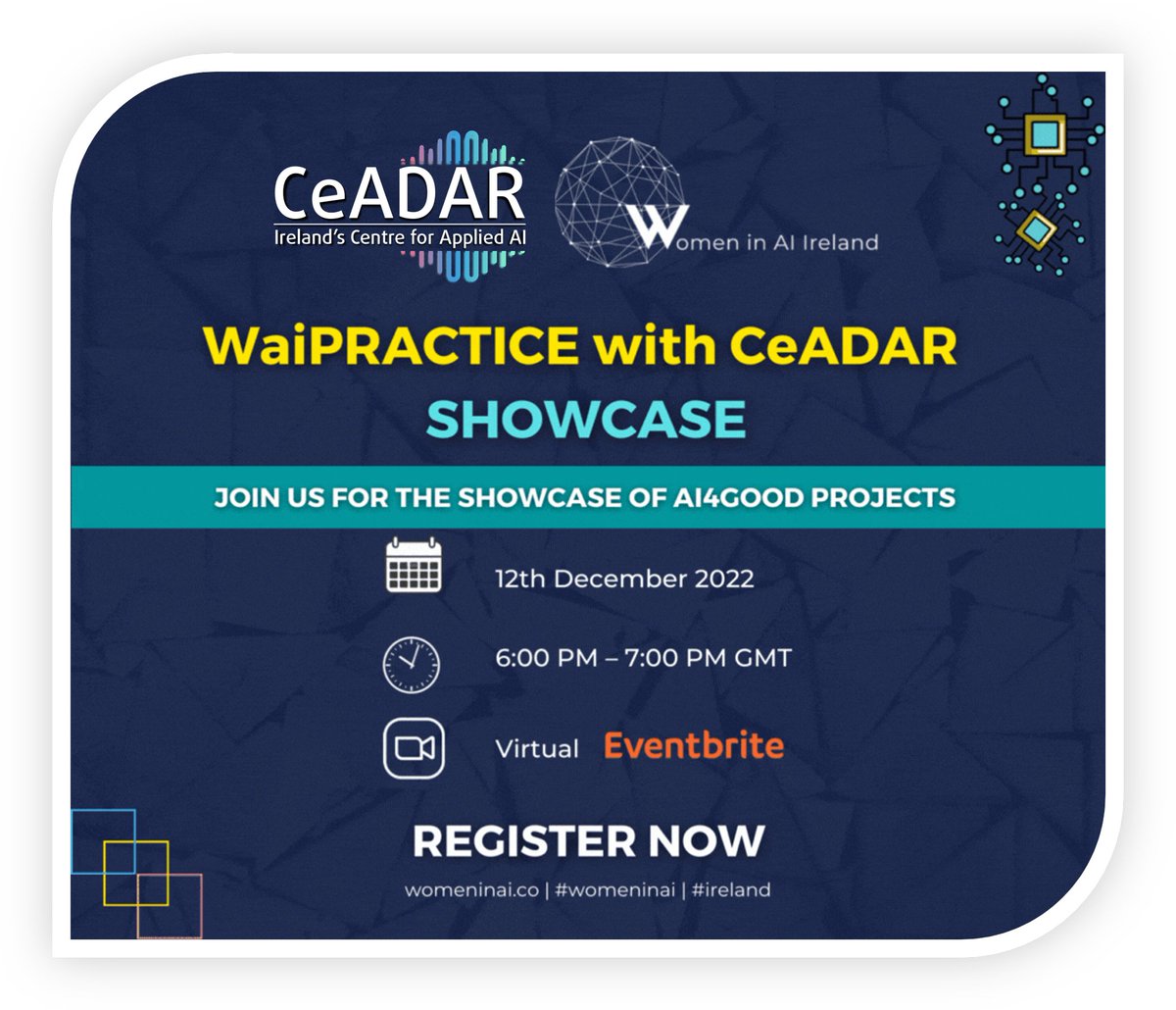 Today is the day! 
Join <a href="/CeADARIreland/">CeADAR Ireland</a> and <a href="/women_in_ai/">Women in AI</a> Ireland for the final Showcase of a successful #WaiPRACTICE Cohort on #AI4Good!

Two projects on #RefugeesWelcome and #PopulationDisplacement will be unveiled.

Register at: bit.ly/WaiPRACTICE_Sh…  

#DiversityandInclusion