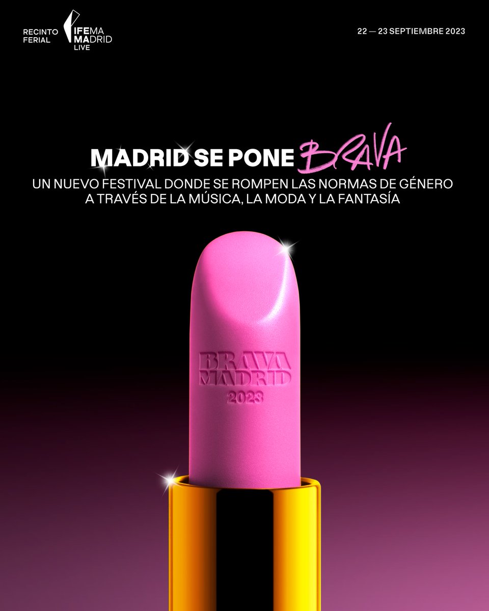 Brava Madrid (@bravamadrid) on Twitter photo ¡Notición! <a href="/TMusicRepublic/">The Music Republic</a> os presentamos #BRAVAMADRID
Un nuevo festival, con un concepto lleno de referencias a la cultura pop y libre de prejuicios
<a href="/IFEMA/">IFEMA MADRID</a> 💄🎤🦄 ¡Notición! <a href="/TMusicRepublic/">The Music Republic</a> os presentamos #BRAVAMADRID
Un nuevo festival, con un concepto lleno de referencias a la cultura pop y libre de prejuicios
<a href="/IFEMA/">IFEMA MADRID</a> 💄🎤🦄