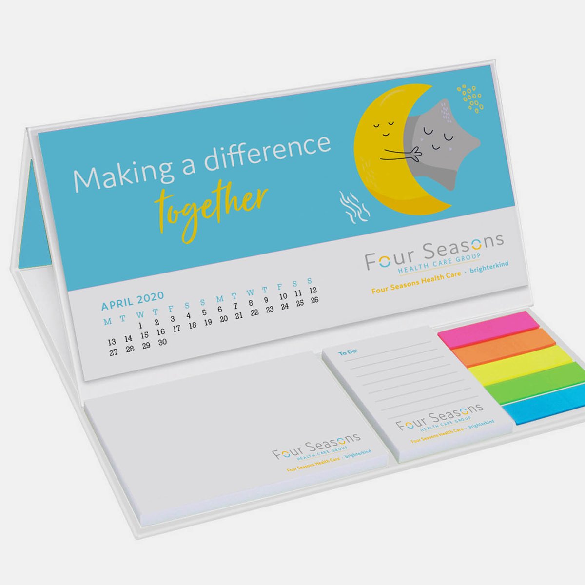 We created a new group brand for Four Seasons Health Care and brighterkind. Here we show the branding applied to a team desktop calendar.

#brand #brandpublishing #FSHC #brighterkind #maclarenjones #knutsford #cheshire  #marketingagency #carehomebranding #carehomemarketing