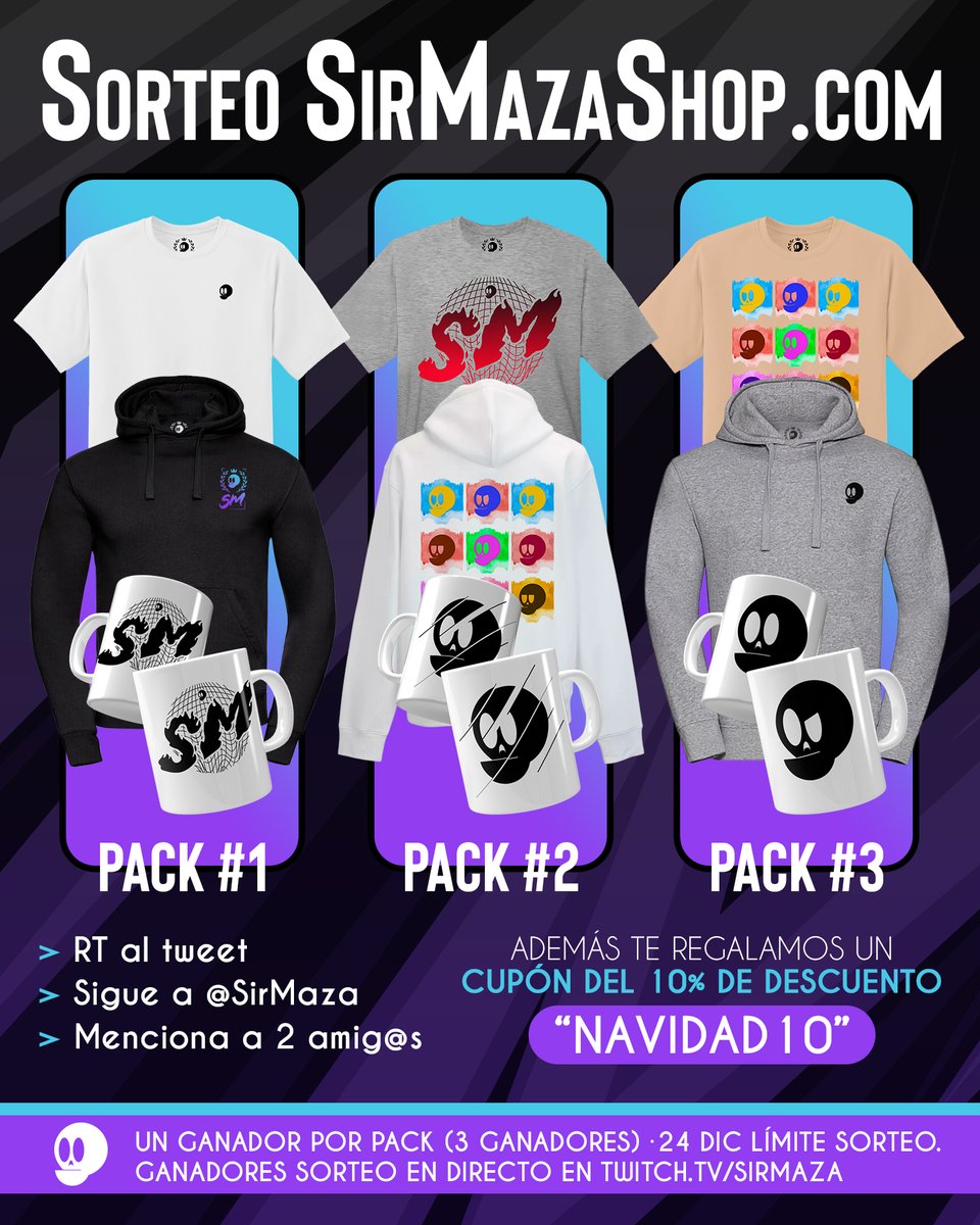Heretics SirMaza (@sirmaza) on Twitter photo 🎁SORTEO NAVIDEÑO DE MI MERCHAN🎁
Para participar:
✅RT a este tweet
✅Sígueme en <a href="/SirMaza/">Heretics SirMaza</a>
✅Menciona a dos amigos
También tenéis un cupón descuento del 10% para todo el mundo ''NAVIDAD10'' ➡️sirmazashop.com 🎁SORTEO NAVIDEÑO DE MI MERCHAN🎁
Para participar:
✅RT a este tweet
✅Sígueme en <a href="/SirMaza/">Heretics SirMaza</a>
✅Menciona a dos amigos
También tenéis un cupón descuento del 10% para todo el mundo ''NAVIDAD10'' ➡️sirmazashop.com