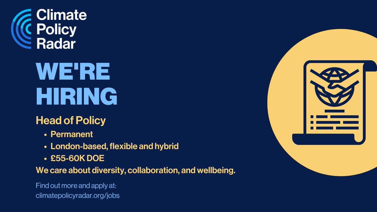climatepolradar's tweet image. #JobOpportunity.

We're #hiring a Head of #Policy to develop policy priorities, analyse global climate laws and policies and build relationships.

Work with us to help provide useful and accessible big data &amp;amp; insights to inform climate action.

Apply now: climatepolicyradar.org/jobs/head-of-p…