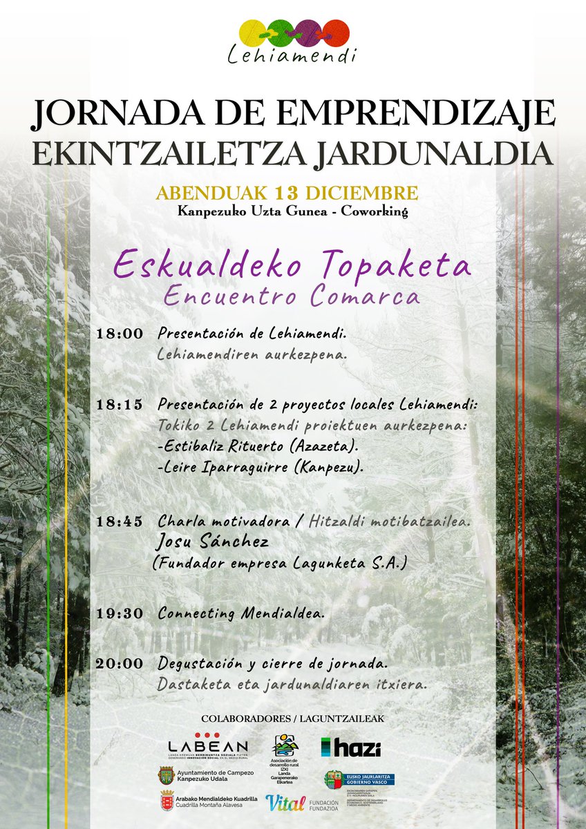 Mendialdea_info's tweet image. Jornada de emprendizaje - Ekintzailetza Jardunaldia.
Abenduak 13 de diciembre, 18:00.
Kanpezuko Uzta Gunea - Espacio Coworking (antiguo almacén del SENPA).
Santa Cruz de #Campezo
Santikurutze #Kanpezu #Lehiamendi #ArabakoMendialdea #MontañaAlavesa