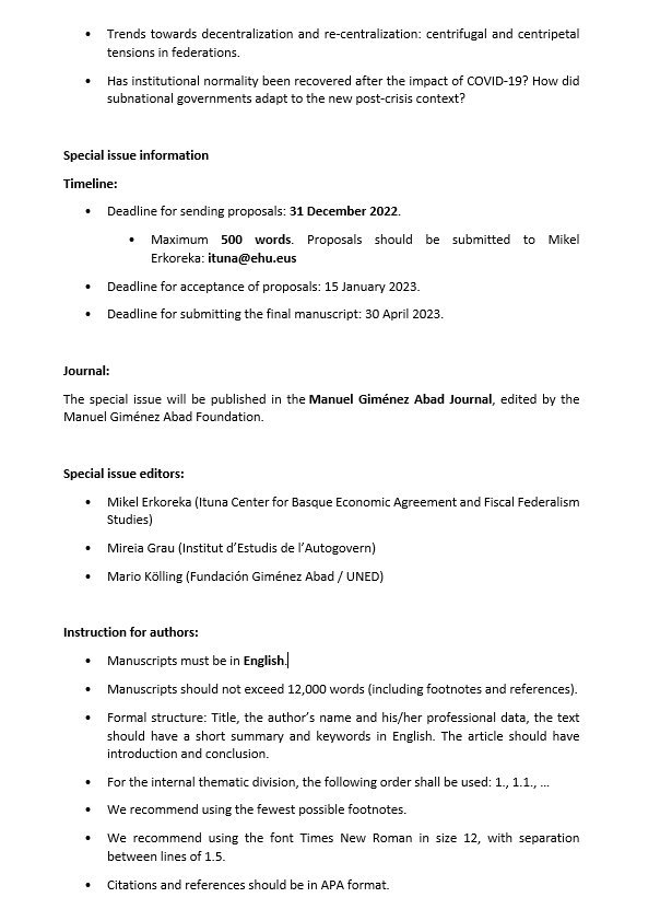 🚨 CALL FOR PAPERS

🔴 #FiscalFederalism and subnational finance after the Great Recession and Great Pandemic (2008-2022)

🗓️ Deadline for sending proposals: 31 December.

📙 The special issue will be published in the <a href="/Fundacion_MGA/">FMGA</a> Journal.