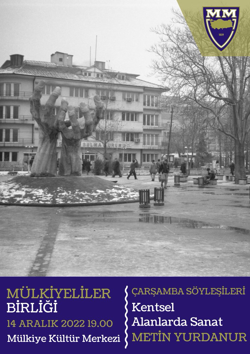 Çarşamba Söyleşileri'nin bu buluşmasına heykel sanatçısı Metin Yurdanur konuk oluyor. “Kentsel Alanlarda Sanat” başlıklı söyleşi 14 Aralık Çarşamba günü saat 19.00’da Mülkiye Kültür Merkezi’nde gerçekleştirilecek. 
mulkiye.org.tr/carsamba-soyle…