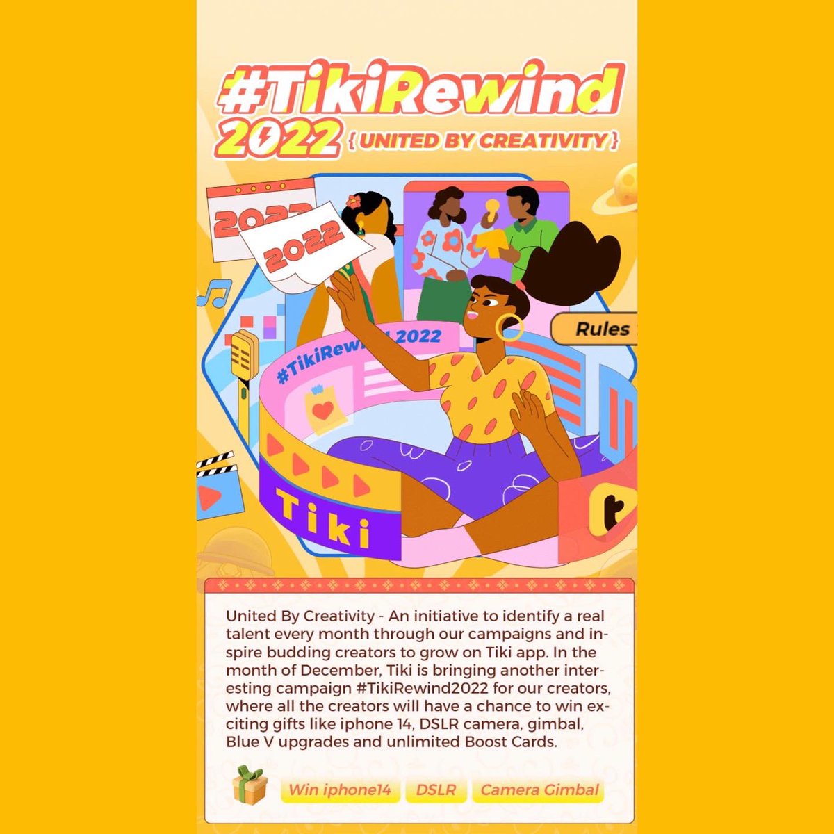 TikiAppOfficial's tweet photo. 🎉Let’s welcome the new “UnitedByCreativity” campaign #TikiRewind2022 for the month of December !!
Upload a video with #TikiRewind2022 & #UnitedByCreativity and share your Tiki’s best moment and journey for the year 2022 as a Tiki creator 💕
https://t.co/GLYSbpIaxU https://t.co/XM1XniSCAr