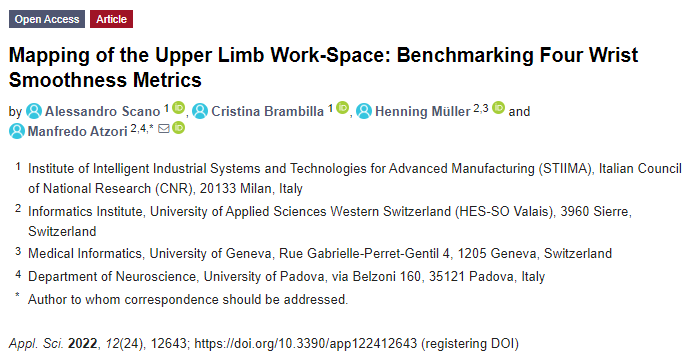 MedGIFT_group's tweet photo. New paper alert ‼️

Our work “Mapping of the Upper Limb Work-Space: Benchmarking Four Wrist Smoothness Metrics“, led by Alessandro Scano, Cristina Brambilla, @henmueller1  &amp; @manfratz is published in @MDPIOpenAccess Applied Sciences

Full text➡️https://t.co/w0UECK39GN https://t.co/O9sxiRK0Sb