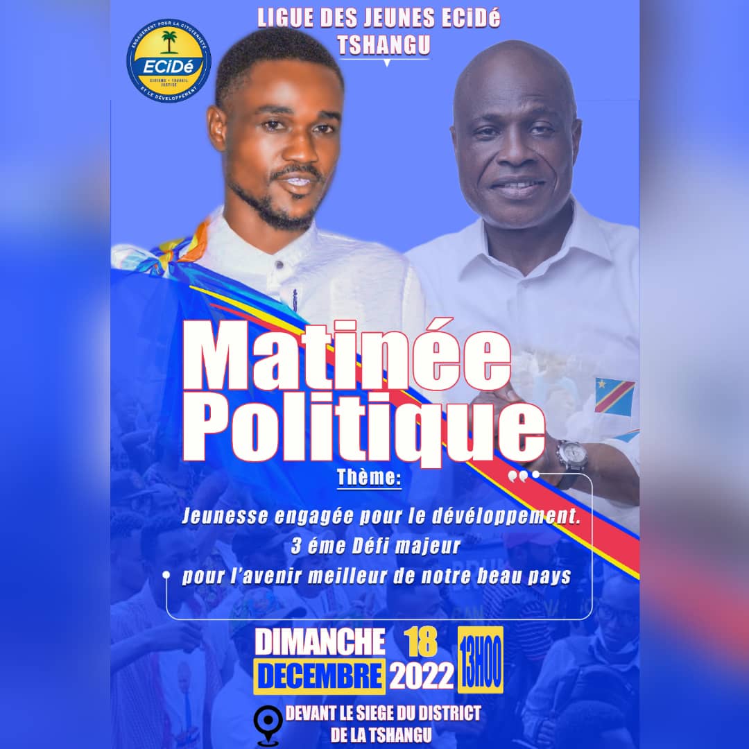 BrunelMabanza's tweet image. #OBJECTIF2023MAFA Président : ce dimanche 18 Décembre 2022, la Jeunesse de l'ECiDé Tshangu organise devant leur siège, une grande matinée d'éveil de conscience des Jeunes. Rdv à ne pas manquer! L'avenir c'est aujourd'hui 🇨🇩.@MartinFayulu @sergewelo1 @DevosKitoko @JeanmarcKabunda