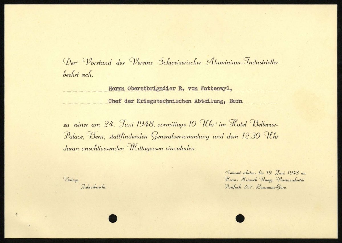 Oberstbrigadier René von Wattenwyl, Chef der Kriegstechnischen Abteilung, wird zur Generalversammlung des Vereins Schweizerischer Aluminium-Industrieller vom 24.06.1948 eingeladen. Bild: Einladungskarte aus dem online verfügbaren Dossier recherche.bar.admin.ch/recherche/#/de….