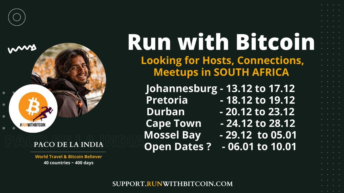 RunwithBitcoin's tweet photo. Hello South Africa 🇿🇦
25/40 countries with #bitcoin
Looking for hosts and meetups.
Please connect me.
Thank you all
#SouthAfrica #runwithbitcoin https://t.co/x1Xaro83PF