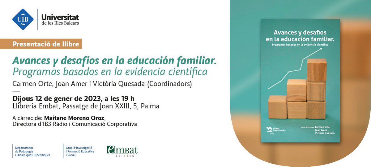 COrteSocias's tweet photo. Si te interesa la #educacionfamiliar y los #programaspreventivos #familiares #basadosenlaevidencia,quizá te interese asistir a la la presentación de nuestro @GIFES_Uib libro sobre esta temática. Aquí te dejo la info 👇 https://t.co/XSaqJz30iQ