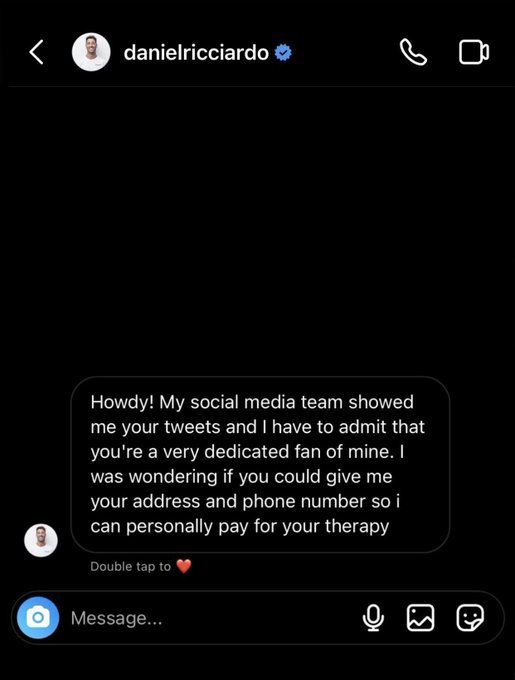ricciardosbabe's tweet photo. Daniel dmed me 🥺 that's so nice of him oh my god https://t.co/NBao9mVuR2