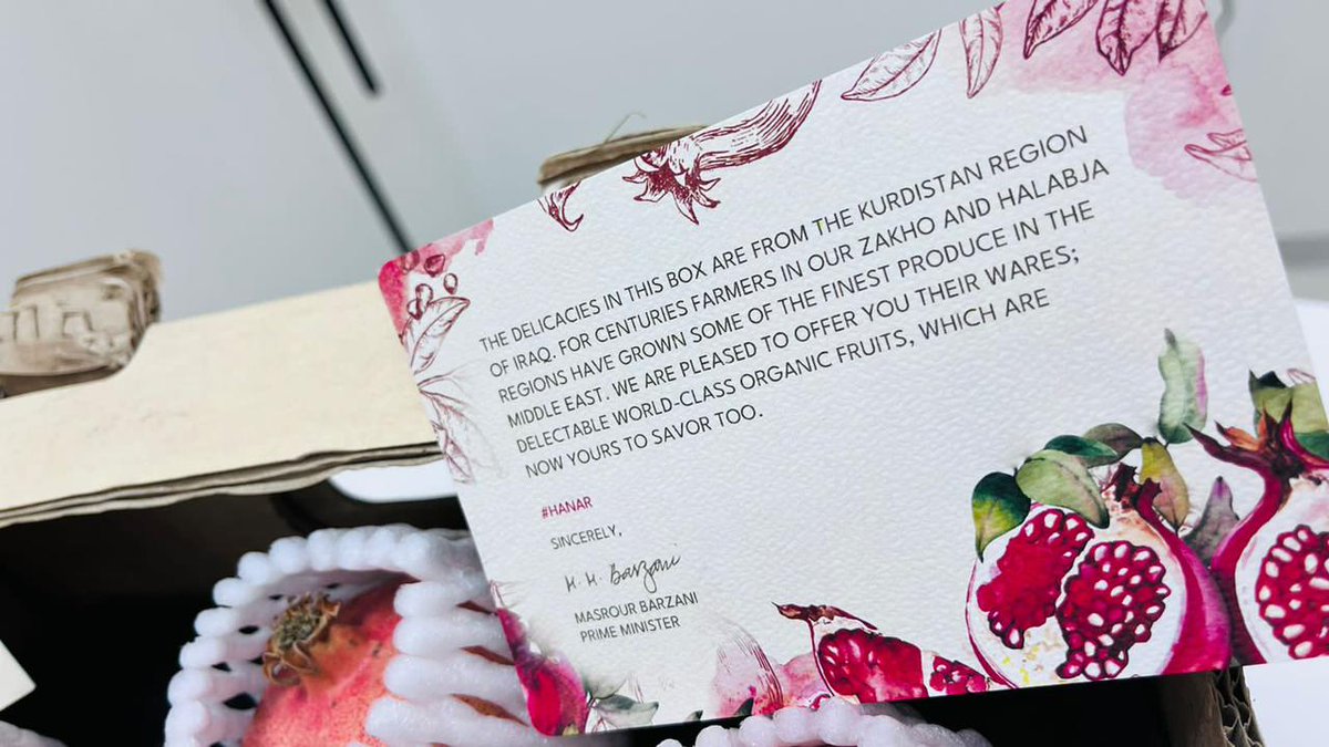 Following Ambassador Jessica Svärdström’s first official visit to the Iraqi Kurdistan Region last week, many thanks to the Prime Minister of the KRG, H.E. <a href="/masrourbarzani/">Masrour Barzani</a>, for the gift of delicious #Hanar pomegranates.