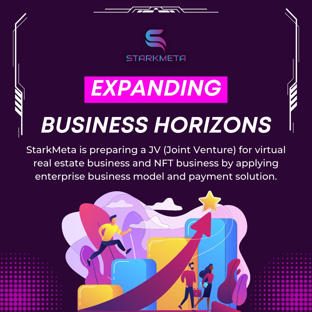 #Starkmeta is expanding it's business horizons by applying for several other industry-related joint #ventures
We are also diving into the market of #metaverse real estate, #NFTs business, and payment processors.
Stay Tuned for more info!
#Blockchain